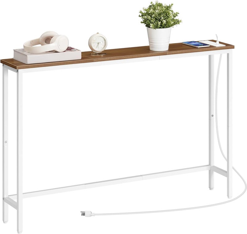 HOOBRO Narrow Console Table with Power Outlets, 44.9 Inches Sofa Table, Slim Behind Couch Table, Entryway Table with Display Shelf, for Living Room, Foyer, Hallway, Walnut and White WH114UXG01 - Image 4